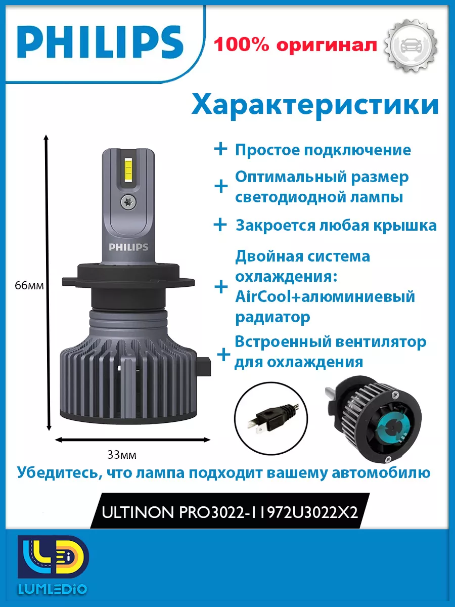 Лед лампы H7 для авто 20W 6000K 11972U3022X2 Philips 165940274 купить за 7  609 ₽ в интернет-магазине Wildberries