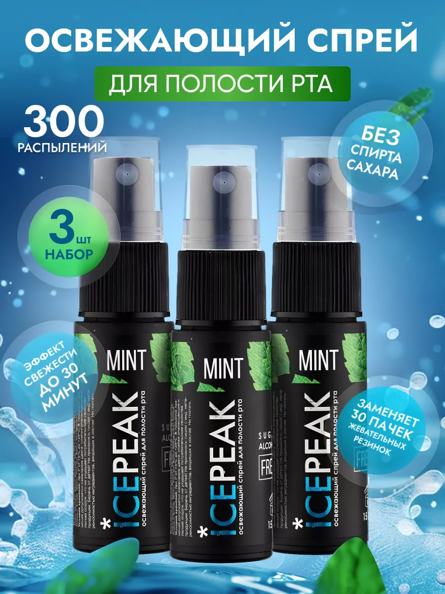 Спрей освежитель для рта со вкусом мяты 3 шт. Icepeak 166102446 купить за  412 ₽ в интернет-магазине Wildberries