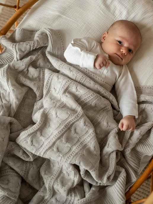 AINA Baby Плед для новорожденных вязаный на выписку в кроватку, бежевый, фото 2