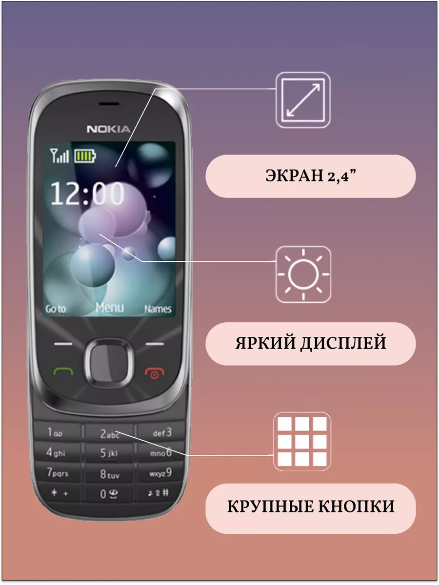 7230 Мобильный кнопочный телефон слайдер Nokia 166298928 купить за 4 721 ₽  в интернет-магазине Wildberries