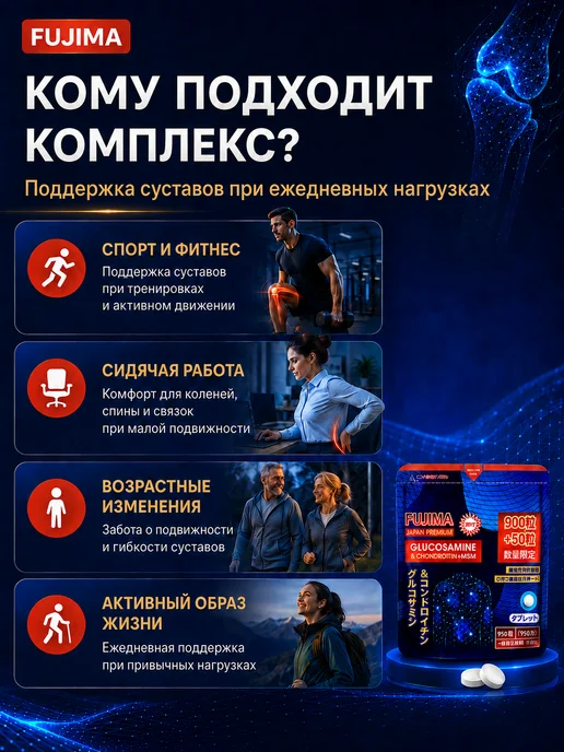FUJIMA Глюкозамин Хондроитин MSM для суставов японский 950табл, вариант, фото 2
