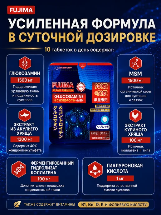 FUJIMA Глюкозамин Хондроитин MSM для суставов японский 950табл, вариант, фото 3
