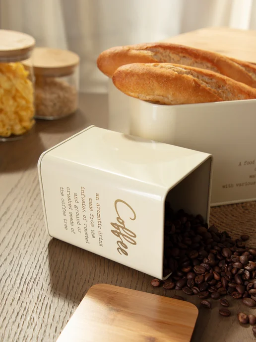 Agness Хлебница с крышкой и 3 банки для сыпучих продуктов набор, бежевый, фото 4