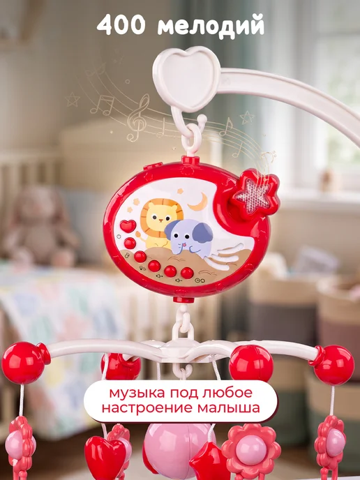 UniTrain Мобиль в кроватку для новорожденных с проектором и ночником, белый, фото 3