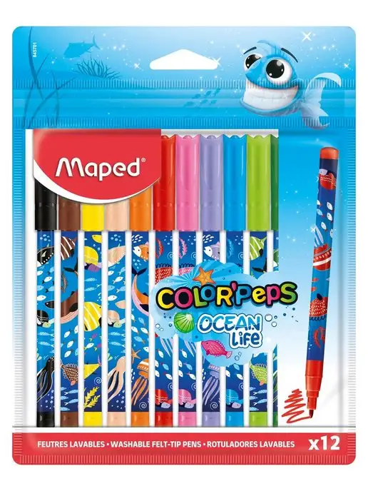 MAPED Фломастеры 12 цв. декорированные, смываемые OCEAN LIFE, синий