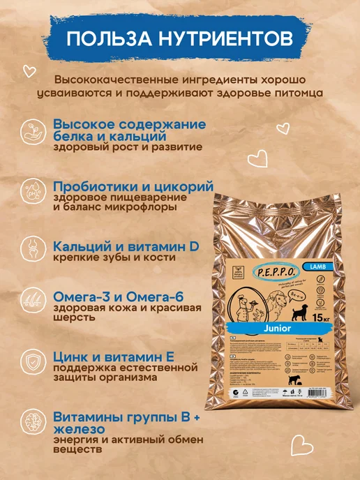 Сухой корм PEPPO для собак, щенки, ягненок, 15 кг, фото 4