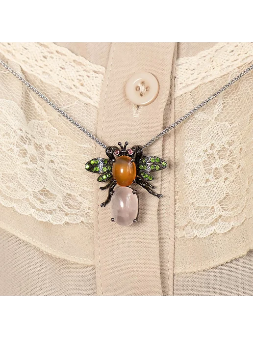 Milana silver Брошь серебро с розовым кварцем, сердоликом, хромдиопсидом, серебристый, фото 2