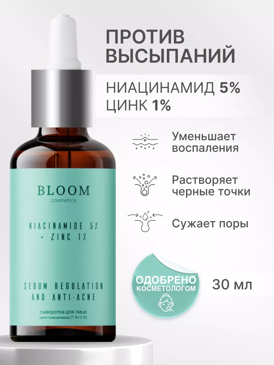 Сыворотка для лица от прыщей с ниацинамидом и цинком BLOOM COSMETICS купить по цене 17,06 р. в интернет-магазине Wildberries в Беларуси | 166673569