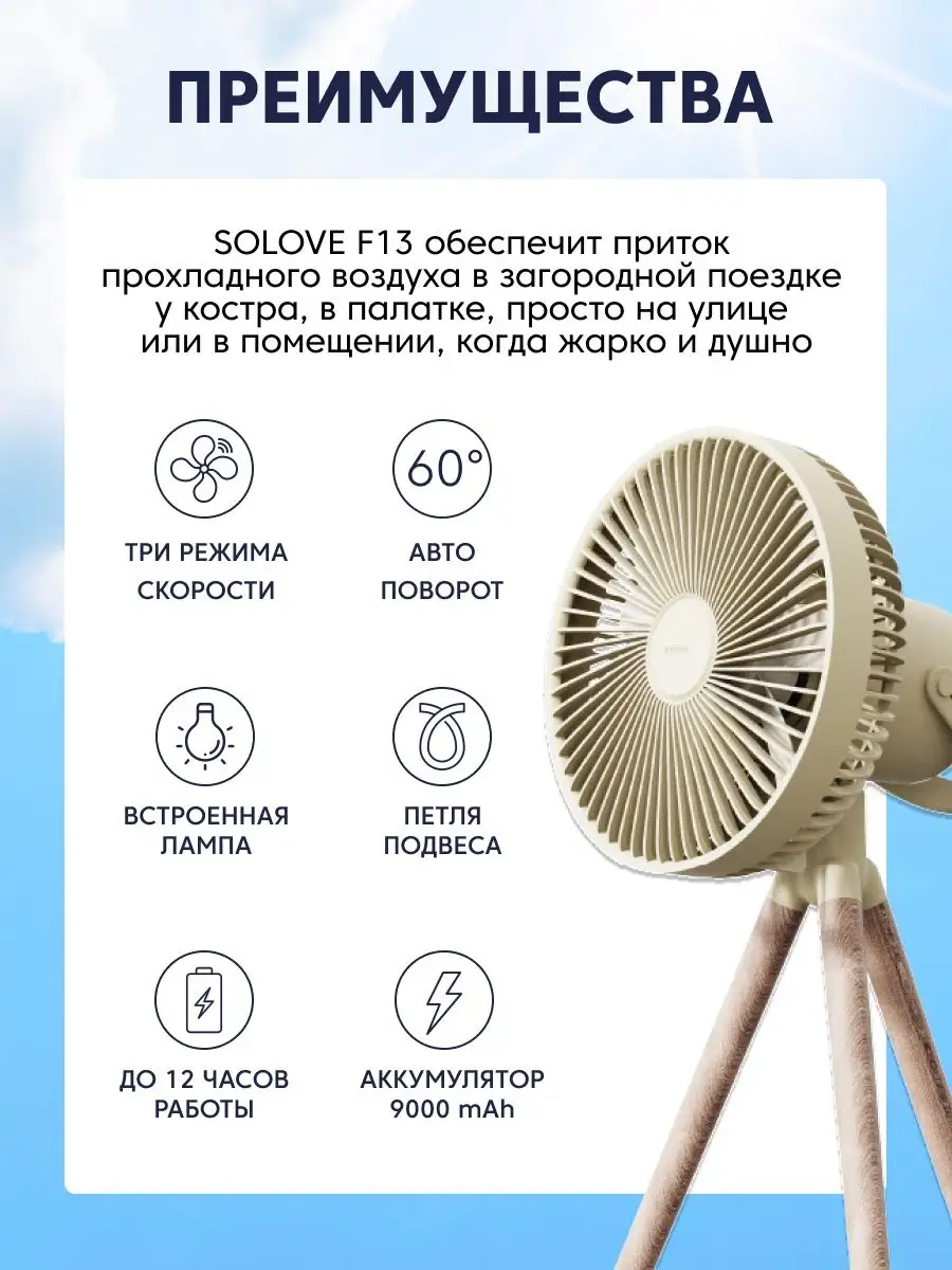 Беспроводной вентилятор с функцией Power bank 9000мАч SOLOVE 166705932  купить в интернет-магазине Wildberries