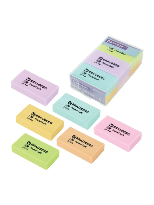 Brauberg Ластик школьный Pastel Soft 6 штук, стирательная резинка, голубой, фото 8