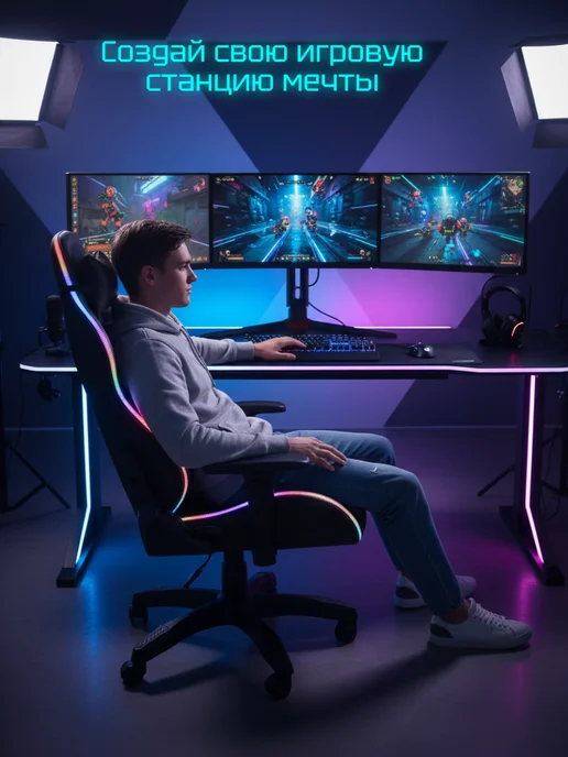 Jiqiao Геймерское кресло для подростка с RGB и колонками, черный, фото 4