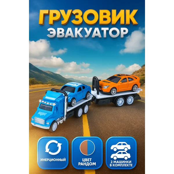 Грузовик инерционный с 2 машинками Эвакуатор, ЦВЕТА МИКС