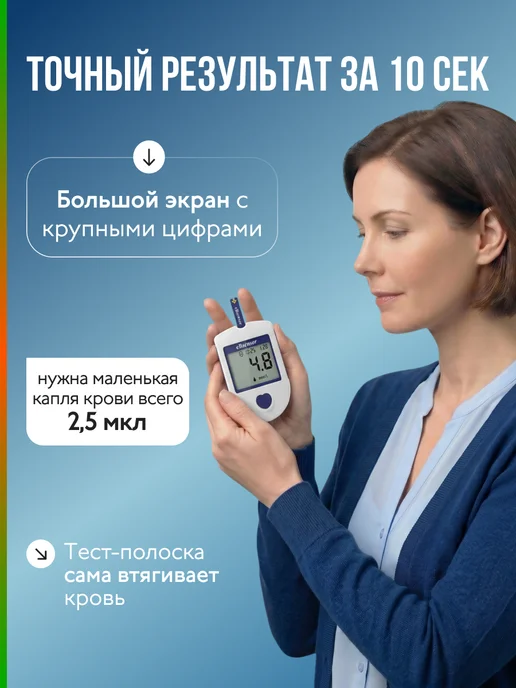 eBsensor Глюкометр еБсенсор + тест-полоски 100 штук, голубой, фото 2