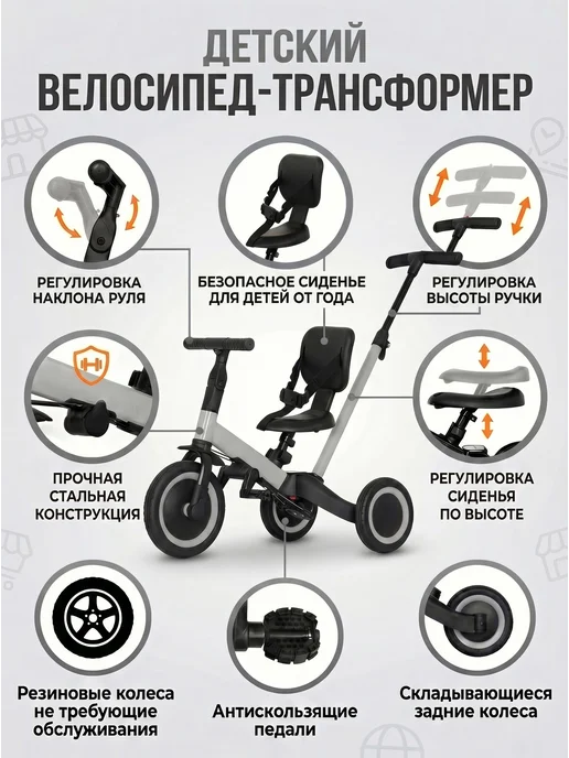 R-Wings Беговел-велосипед 4в1 с родительской ручкой - TR007-GREY, серый, фото 3