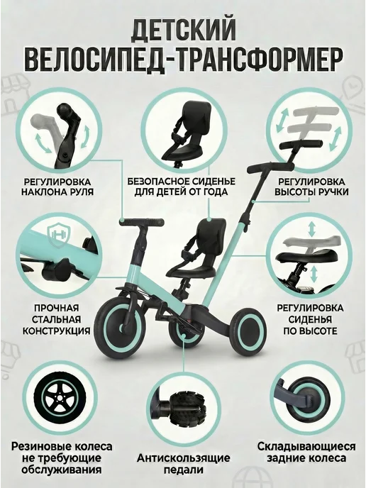 R-Wings Беговел-велосипед 4в1 с родительской ручкой - TR007-CYAN, голубой, фото 3