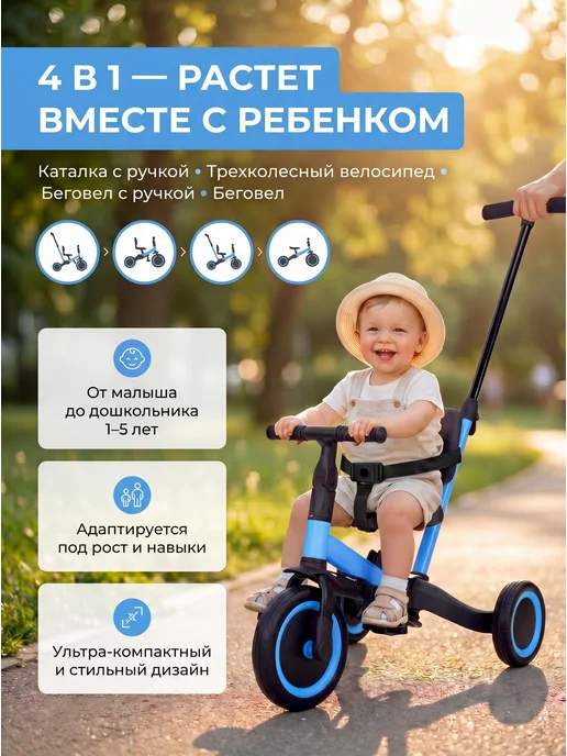 R-Wings Беговел-велосипед 4в1 с родительской ручкой - TR007-BLUE, синий, фото 2