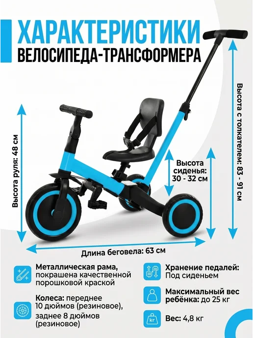 R-Wings Беговел-велосипед 4в1 с родительской ручкой - TR007-BLUE, синий, фото 4