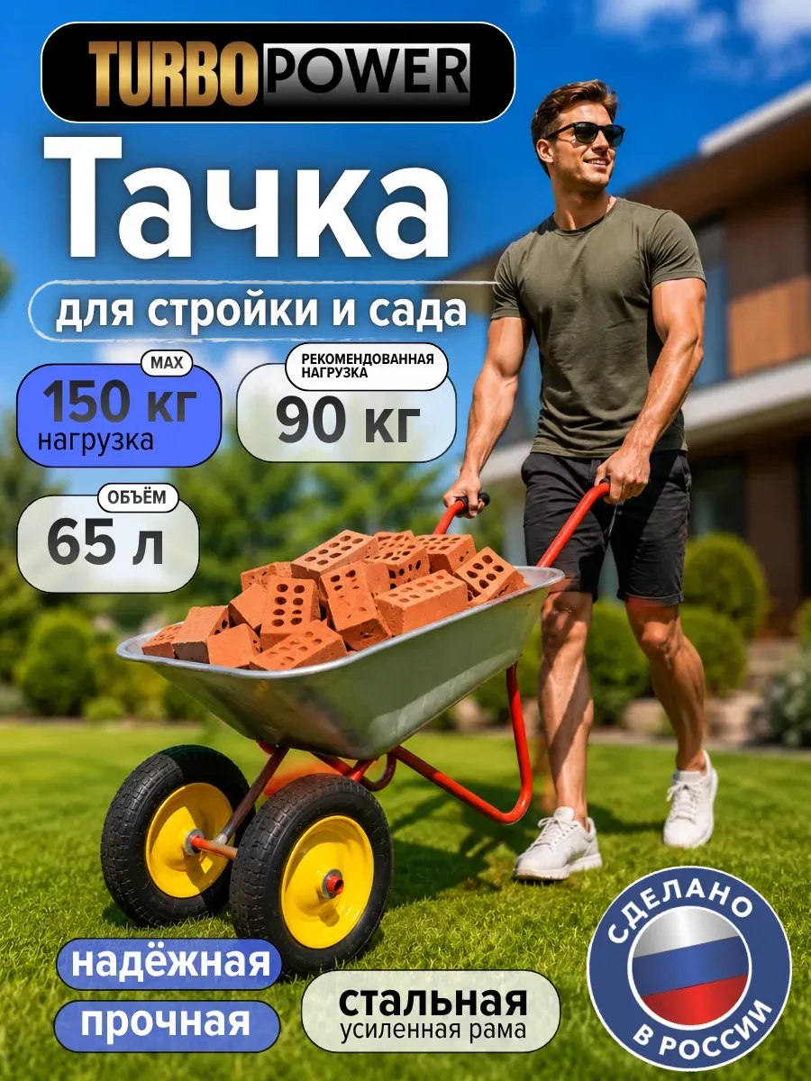 Тачка двухколесная 65л 150 кг тележка садовая