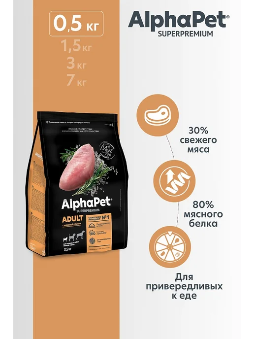 Сухой корм AlphaPet Superpremium для собак, мелкие, индейка, 0,5 кг, фото 2