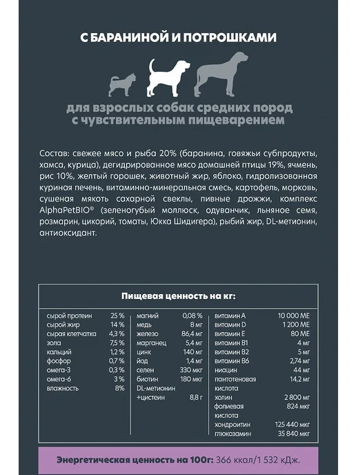 Сухой корм AlphaPet Superpremium Пищеварение для собак, средние, ягненок, 2 кг, фото 6