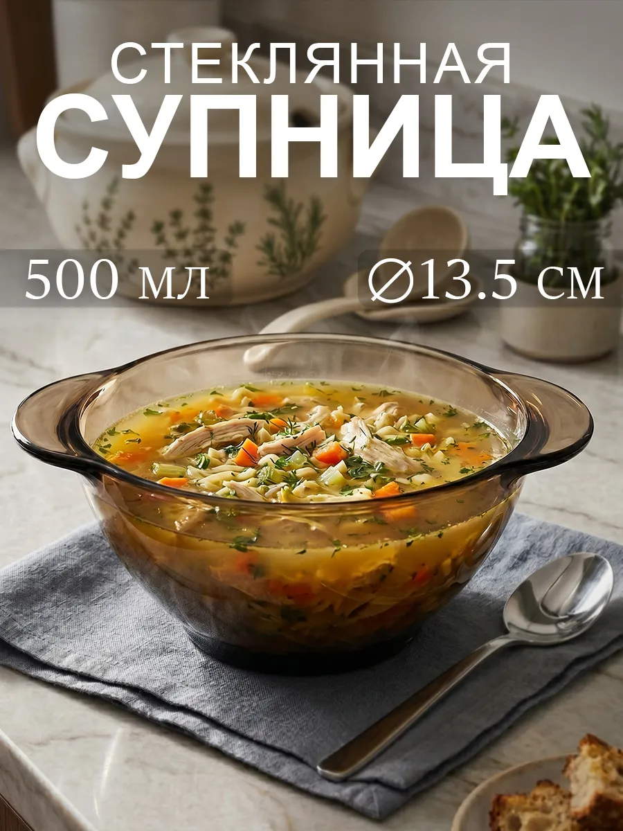 Супница с ручками 500 мл d=13.5 см тарелка суповая стекло
