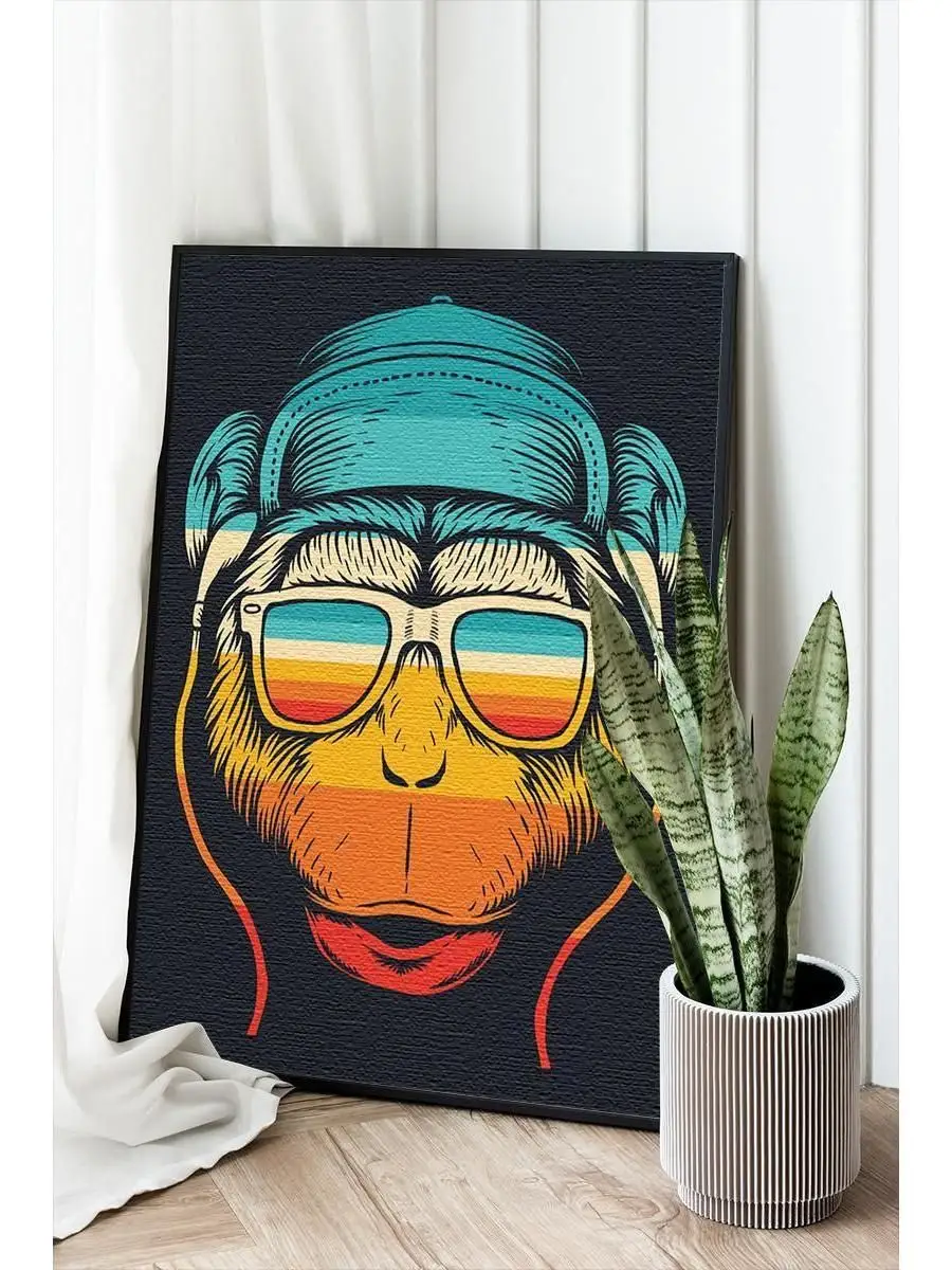 Живопись по номерам Цветная обезьяна в кепке с наушниками Животные 30х40