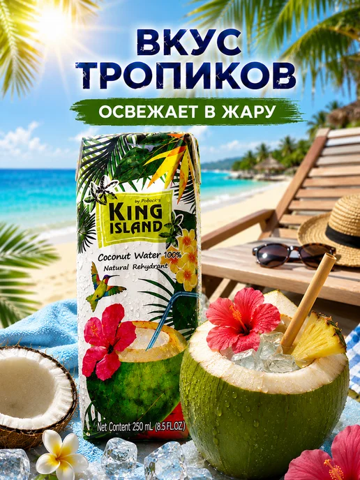 King Island Кокосовая вода 4×250 мл без сахара, напиток для фитнеса, 250 мл, фото 4