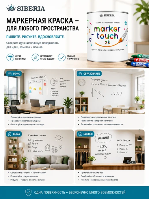 Краски Siberia Маркерная краска для стен, белая, Marker Touch на 3 кв, белый, фото 2