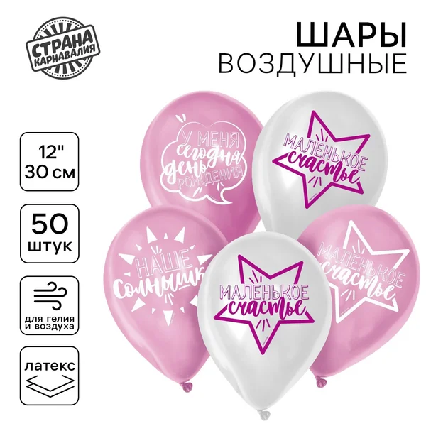 Шарики воздушные "День рождения девочки" набор 50 штук