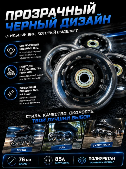 DenStore Колеса для роликов 76 мм 4 штуки с подшипниками 608Z, вариант, фото 5