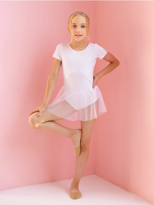 HW_kids Купальник гимнастический с юбкой коротким рукавом для танцев, белый, фото 2