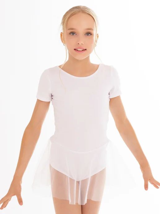 HW_kids Купальник гимнастический с юбкой коротким рукавом для танцев, белый, фото 3