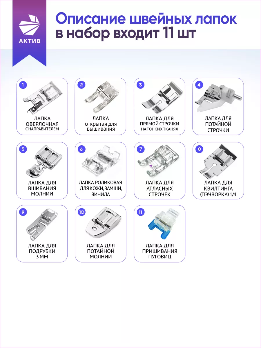 Лапки для швейных машин набор АКТИВ 168517755 купить за 418 ₽ в интернет- магазине Wildberries