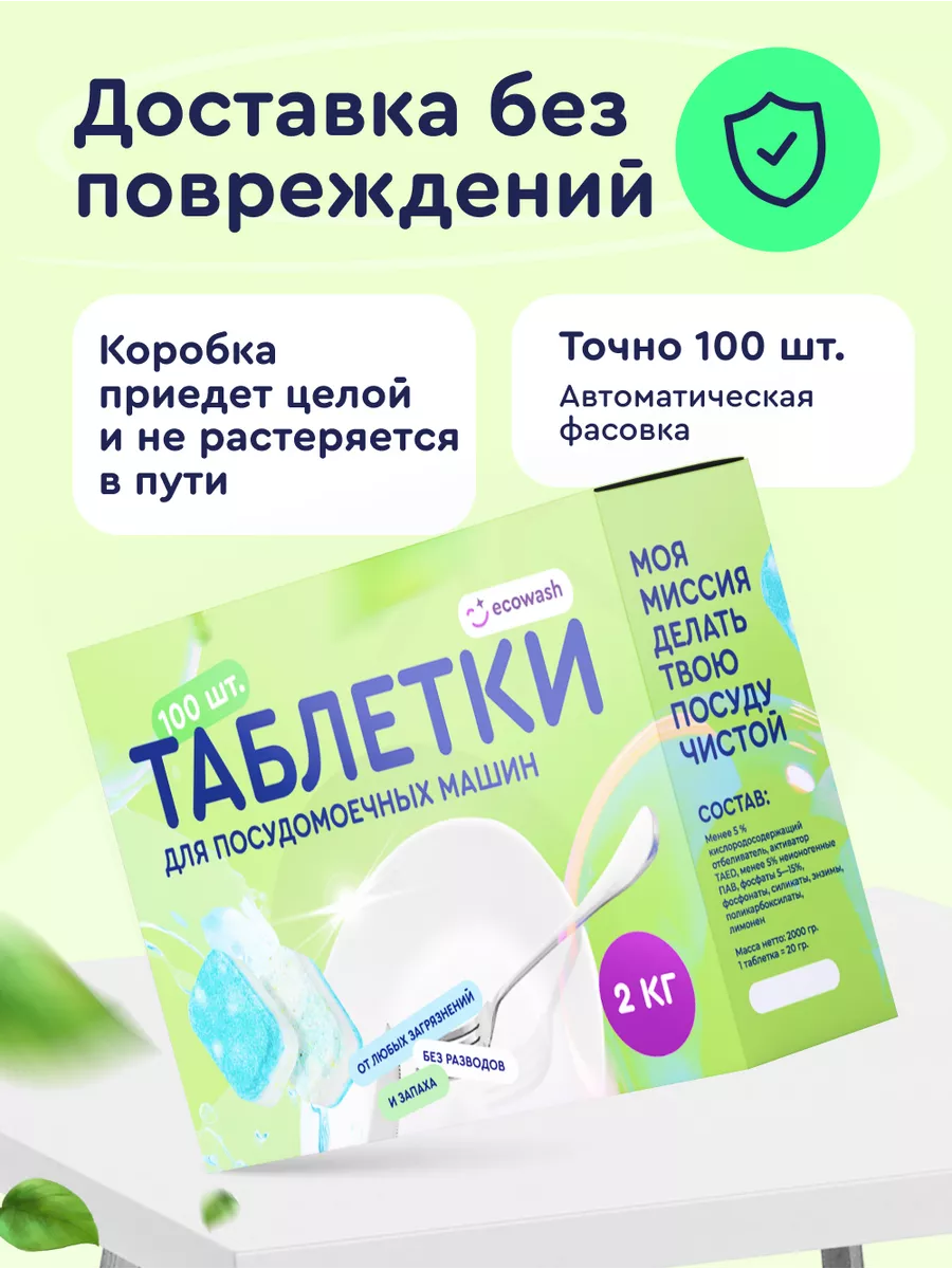 Таблетки для посудомоечной машины 100 шт эко ECOWASH 168584206 купить за  557 ₽ в интернет-магазине Wildberries