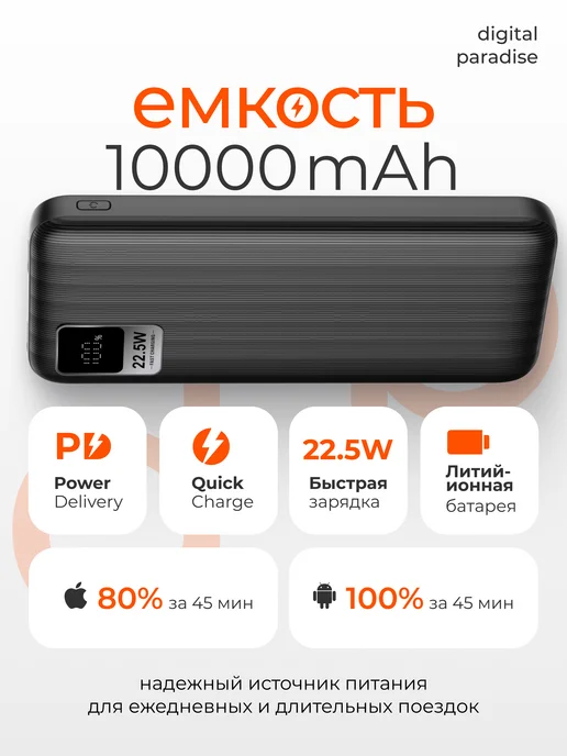 Gurdini Внешний аккумулятор 10000 повербанк с быстрой зарядкой, 10000 мАч, фото 4