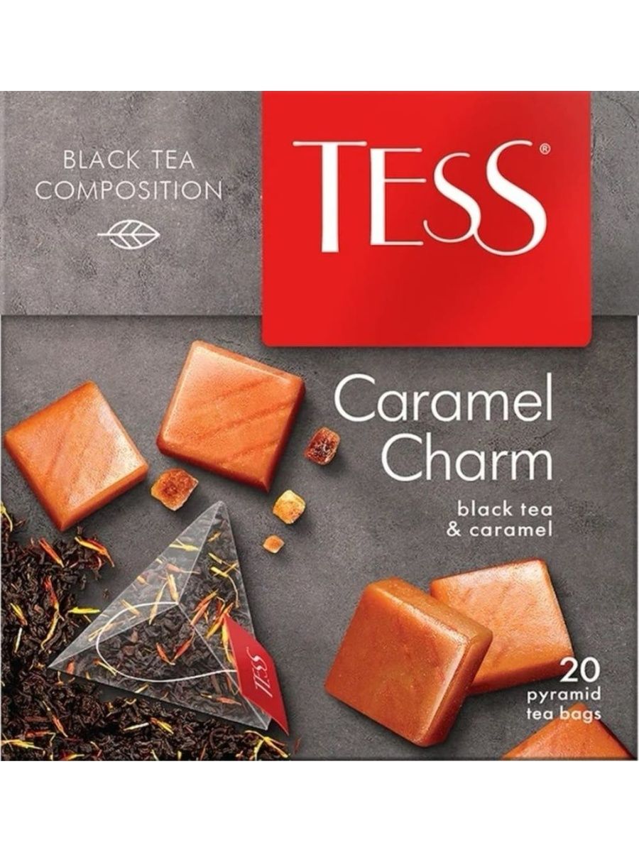 Charm 1.20 1. Чай Tess Caramel Charm. Чай Тесс карамель Шарм черный, 20*1,8 г. Чай черный Тесс в пирамидках.