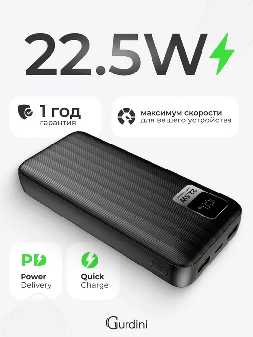 Gurdini Повербанк 20000 mAh внешний аккумулятор для телефона, черный, фото 3