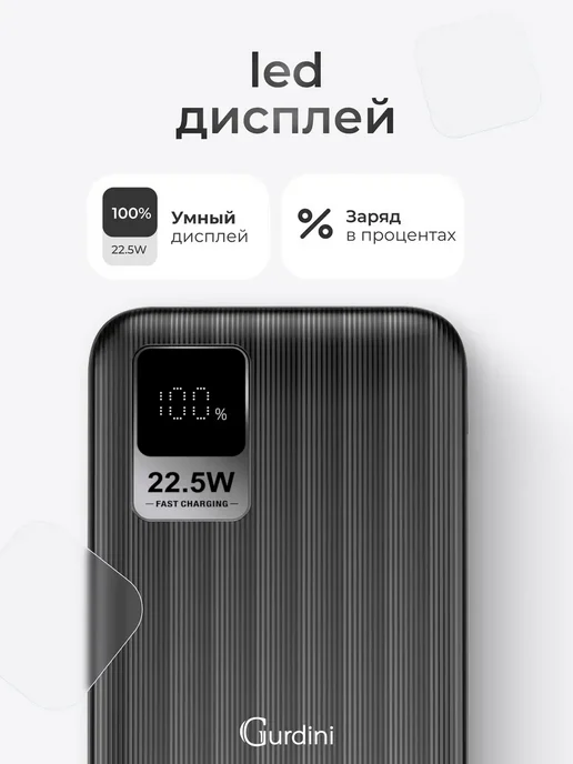 Gurdini Повербанк 20000 mAh внешний аккумулятор для телефона, черный, фото 7