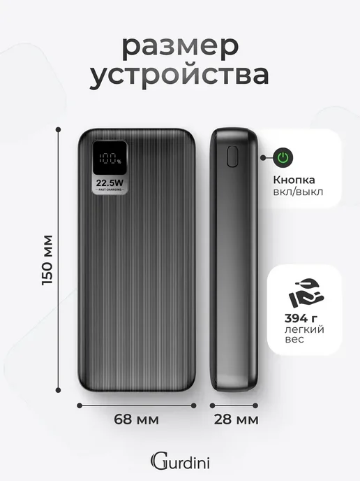 Gurdini Повербанк 20000 mAh внешний аккумулятор для телефона, черный, фото 8