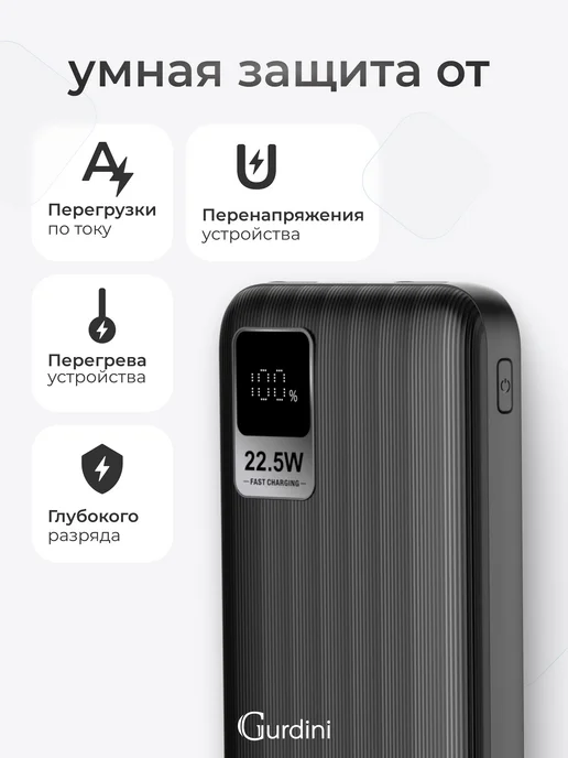 Gurdini Повербанк 10000 мАч для телефона с быстрой зарядкой, 10000 мАч, фото 7