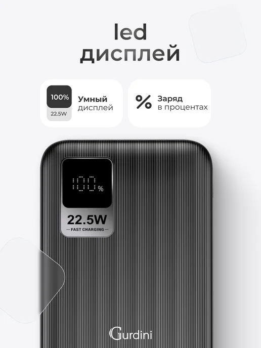 Gurdini Повербанк 10000 мАч для телефона с быстрой зарядкой, 10000 мАч, фото 8