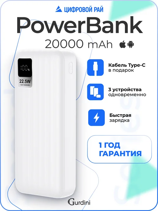 Gurdini Повербанк 20 000 mAh powerbank быстрая зарядка пауэрбанк, 0 мАч