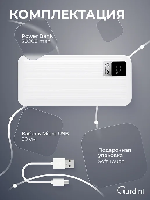Gurdini Повербанк 20 000 mAh powerbank быстрая зарядка пауэрбанк, 0 мАч, фото 7