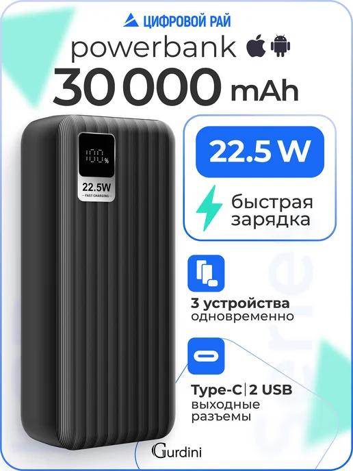 Gurdini Повербанк 30000 mAh внешний аккумулятор быстрая зарядка, 30000 мАч