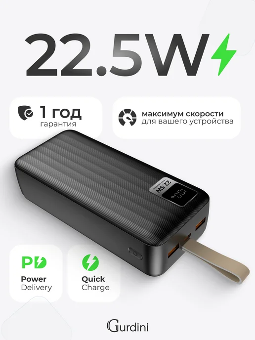 Gurdini Повербанк 30000 mAh внешний аккумулятор быстрая зарядка, 30000 мАч, фото 4