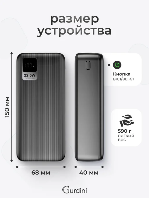 Gurdini Повербанк 30000 mAh внешний аккумулятор быстрая зарядка, 30000 мАч, фото 8
