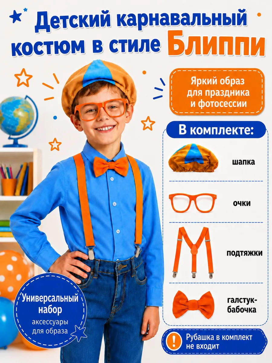 Карнавальный костюм Блиппи очки бабочка подтяжки