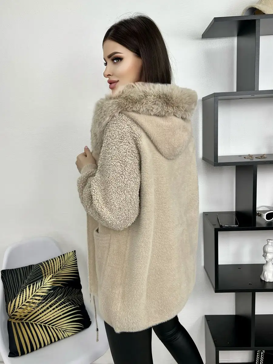 Hooded open front shop lamb wool teddy coat