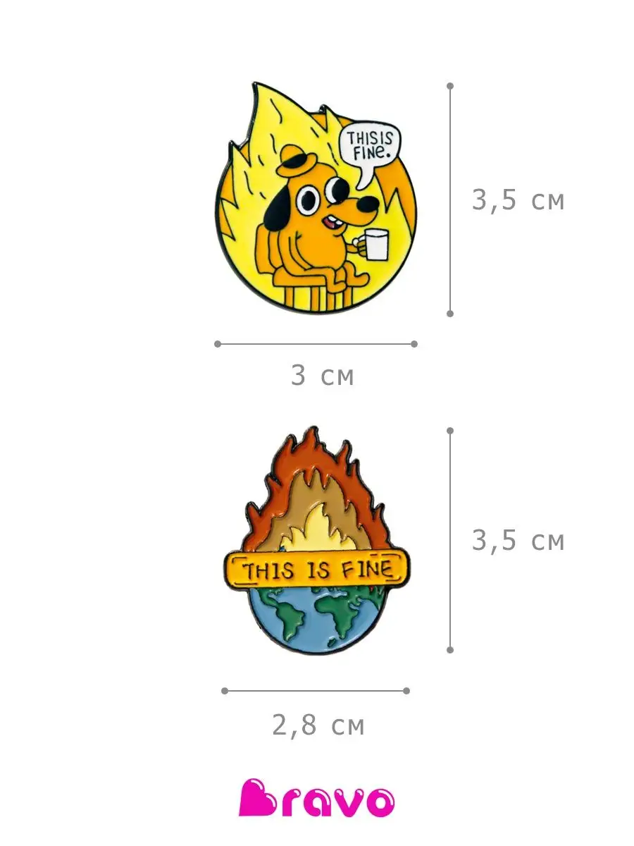 Значки мем This is fine - собака и планета - набор 2 шт. BRAVO accessories  169092718 купить за 365 ₽ в интернет-магазине Wildberries