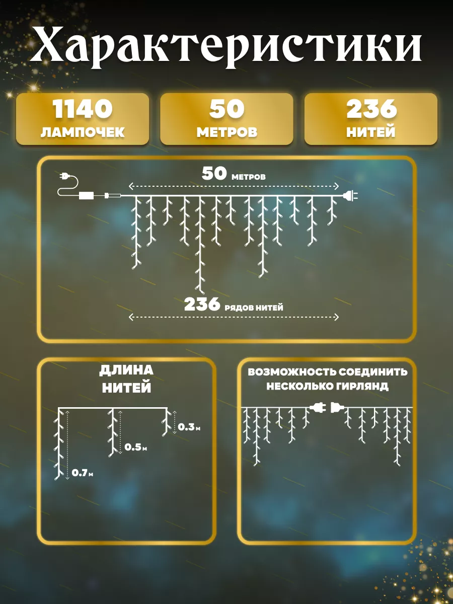 Гирлянда уличная бахрома 50 метров, Новый год Гирлянда на дом LED 169202450  купить за 3 247 ₽ в интернет-магазине Wildberries